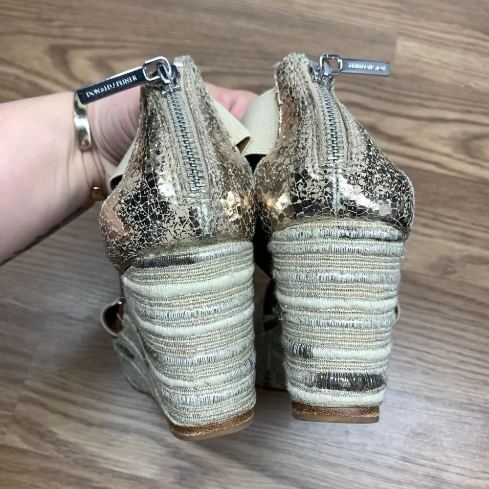 Donald Pliner Espadrille‎ Wedge Shoes 6.5 M Ankle Strap Sandals Beige Sequin